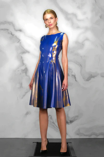 FOCH latex dress in Royal blue / Gold metallic Pattern 1 